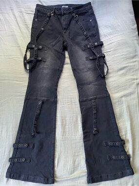 Hot Topic Black Strap Flared Jeans size 11